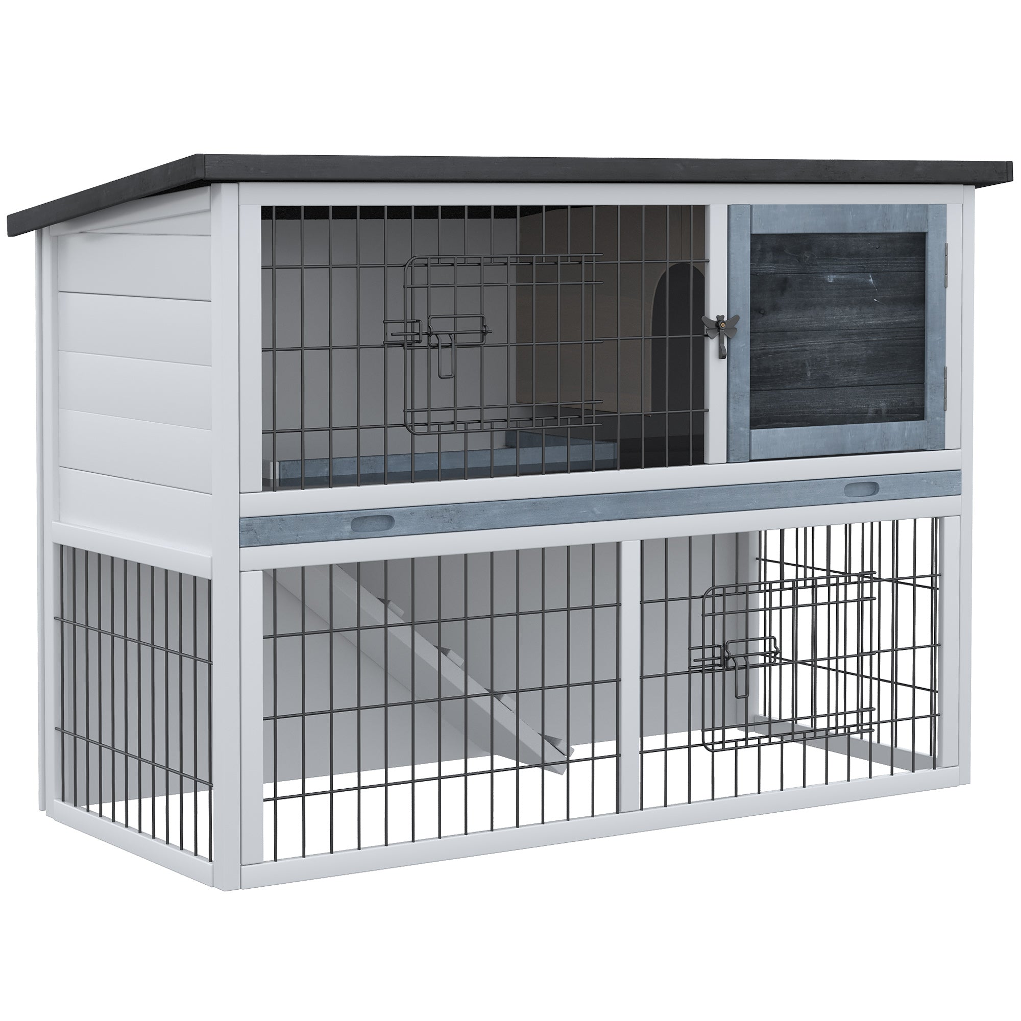 PawHut 2-Tier Wooden Rabbit Hutch Guinea Pig House Bunny Cage Backyard w/ Openable Roof Small Animal House for Outdoor Grey, 108 x 45 x 78 cm 
