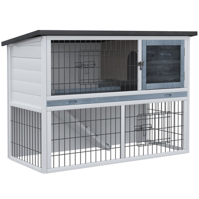 PawHut 2-Tier Wooden Rabbit Hutch Guinea Pig House Bunny Cage Backyard w/ Openable Roof Small Animal House for Outdoor Grey, 108 x 45 x 78 cm 