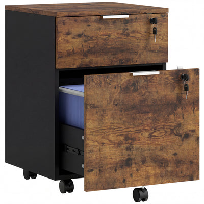 HOMCOM Two-Drawer Lockable Filing Cabinet - Black and Rustic Brown 