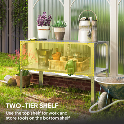 Outsunny 2 Tier Potting Bench Table, Galvanised Steel Garden Planting Work Bench Workstation with Storage Shelf for Outdoor, Patio, Greenhouse, 110 x 50 x 75 cm, Silver Tone 