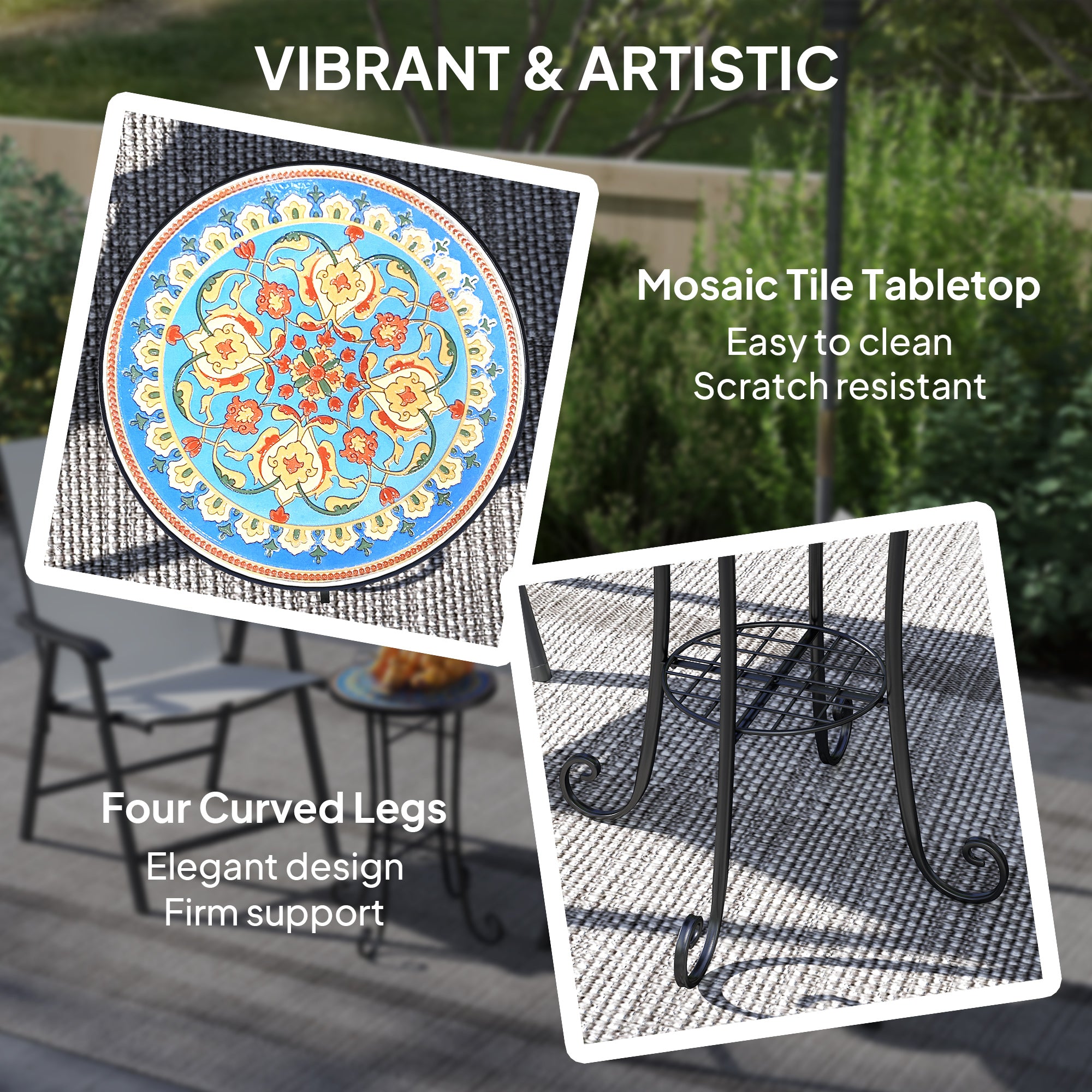 Outsunny Mosaic Garden Table, 35.5 cm Round Outdoor Table with Shelf, Ceramic Tile Top, Small Garden Side Table Bistro Table End Table Plant Stand for Indoor, Patio, Balcony, Blue