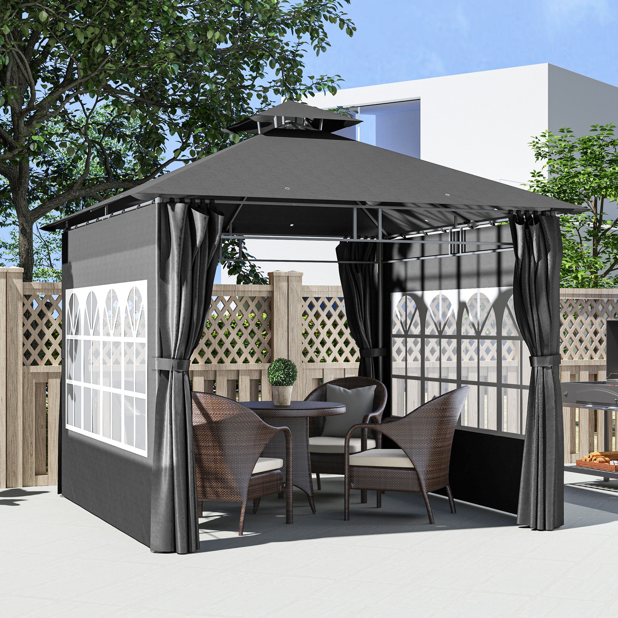 Outsunny 3 x 3 m Garden Gazebo, Double Roof Metal Gazebo with Removable Sidewalls and Church Windows, Outdoor Canopy Shelter, Dark Grey 