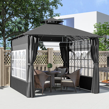 Outsunny 3 x 3 m Garden Gazebo, Double Roof Metal Gazebo with Removable Sidewalls and Church Windows, Outdoor Canopy Shelter, Dark Grey 