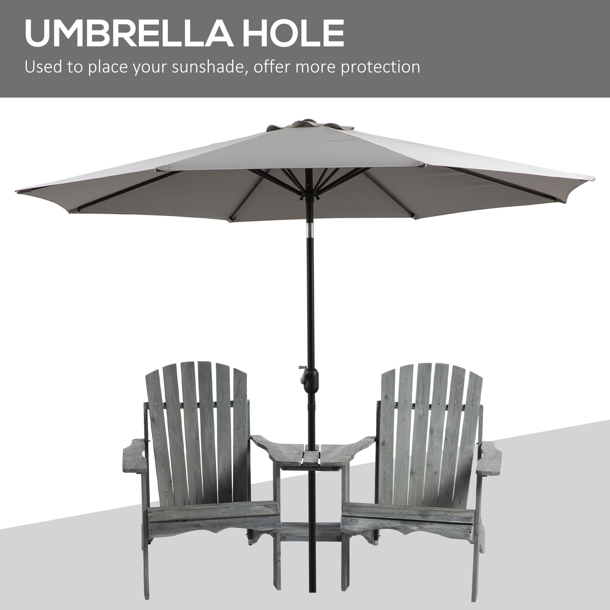 Outsunny Wooden Outdoor Double Adirondack Chairs Loveseat w/ Centre Table and Umbrella Hole, Garden Patio Furniture for Lounging and Relaxing, Grey 