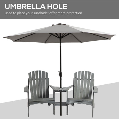 Outsunny Wooden Outdoor Double Adirondack Chairs Loveseat w/ Centre Table and Umbrella Hole, Garden Patio Furniture for Lounging and Relaxing, Grey 