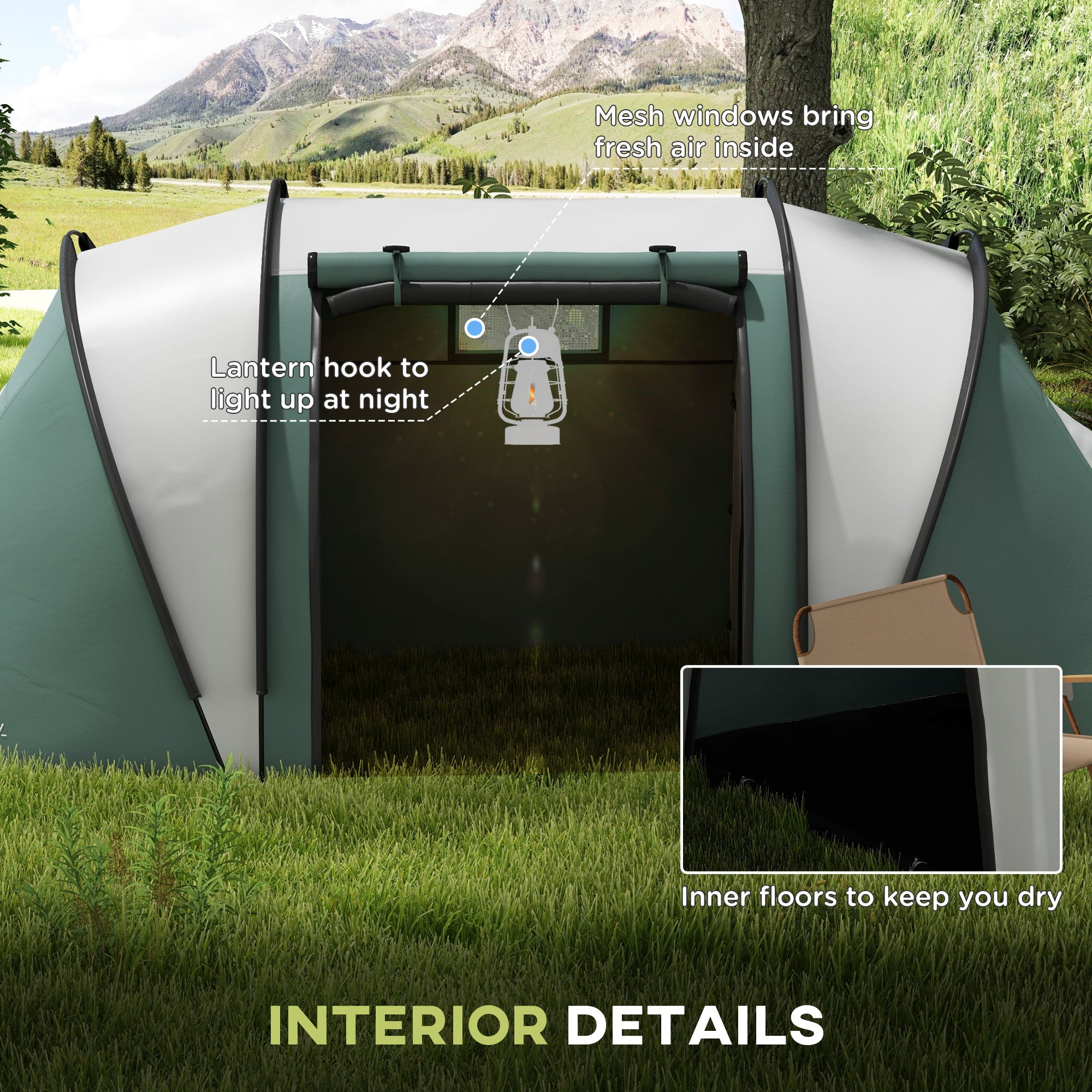 Outsunny Camping Tent with 2 Bedrooms and Living Area, 3000mm Waterproof Family Tent, for Fishing Hiking Festival, Dark Green 