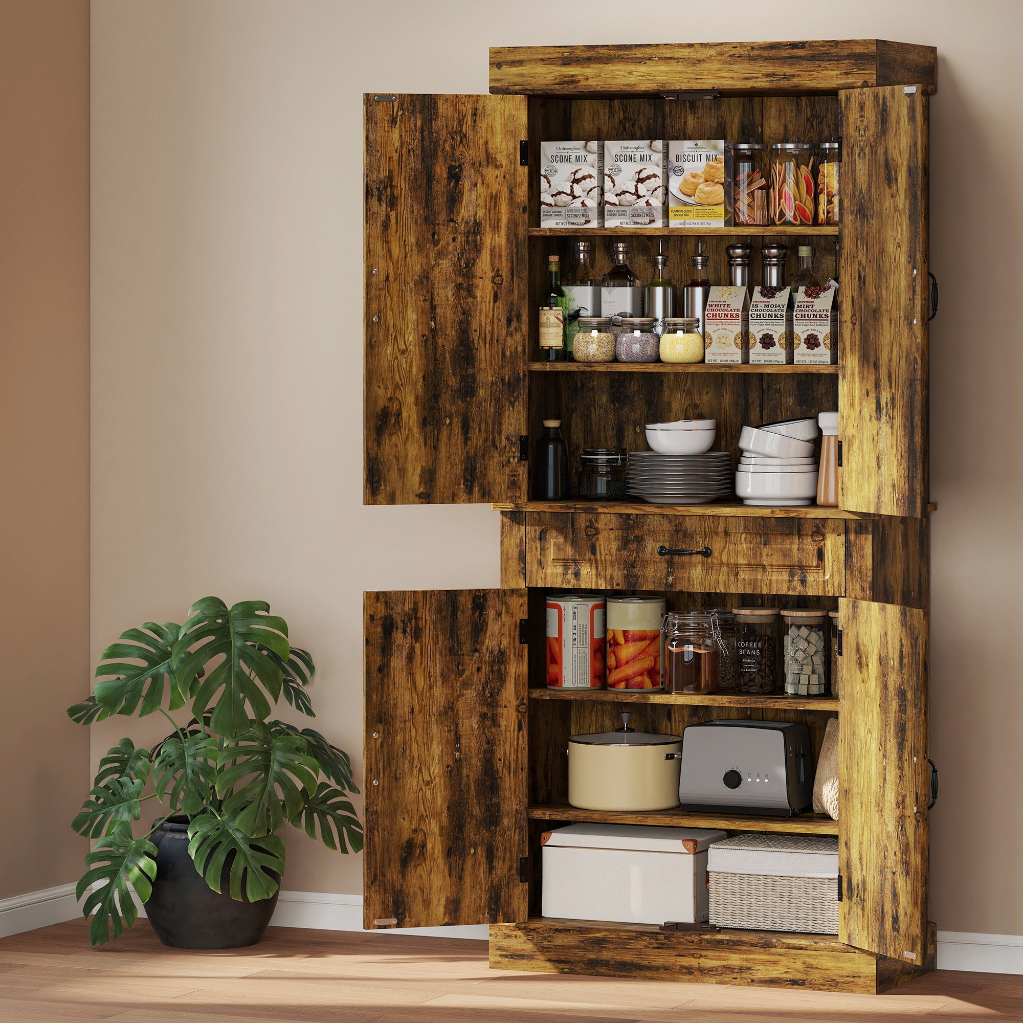 HOMCOM Tall Kitchen Cupboard, Kitchen Pantry Cabinet with Drawer, Shelves, Brown 