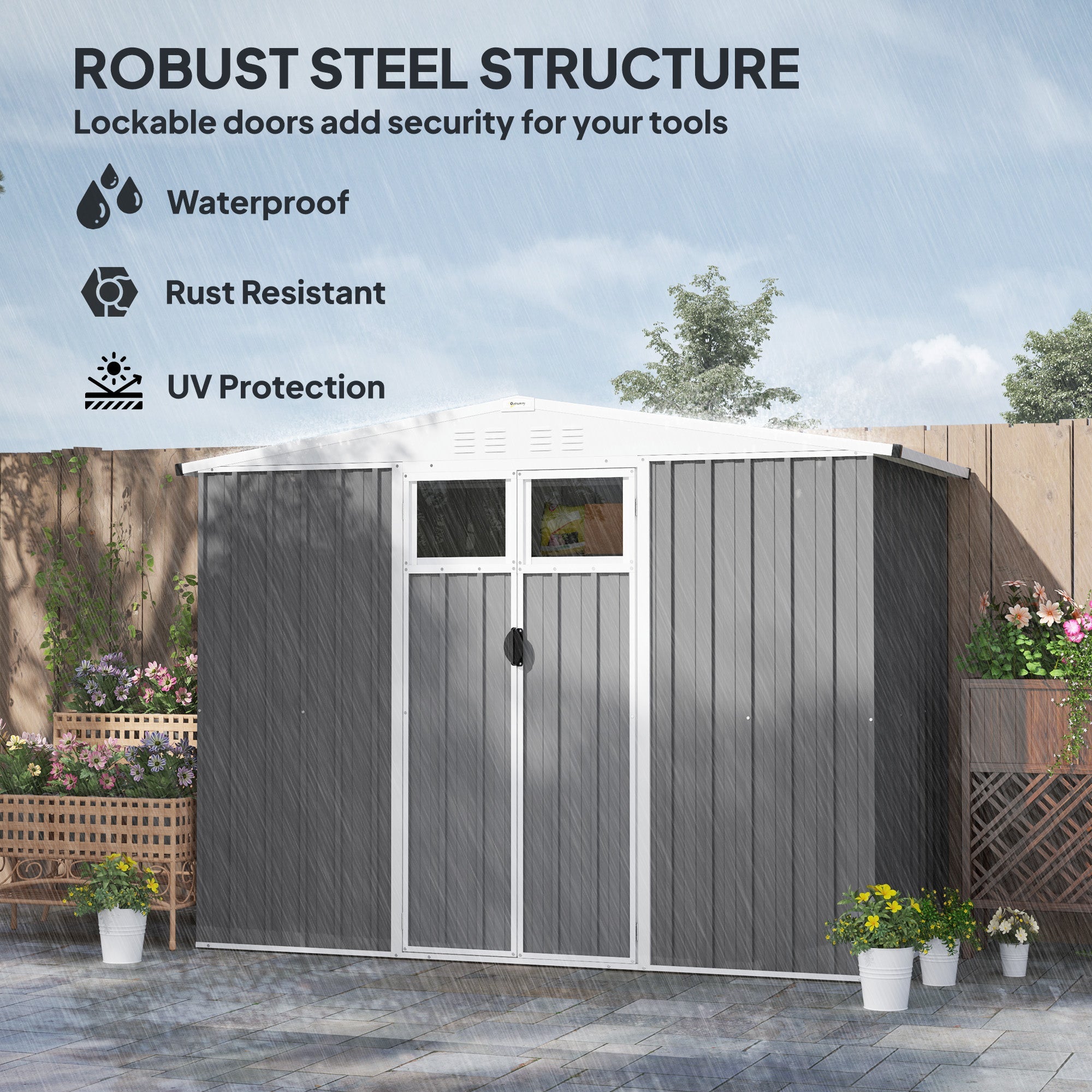 Outsunny 8 x 4 ft Metal Garden Shed, Garden Storage Shed with Window, 4 Vents and Lockable Door, Waterproof Galvanised Steel Tool Storage Shed, Light Grey 