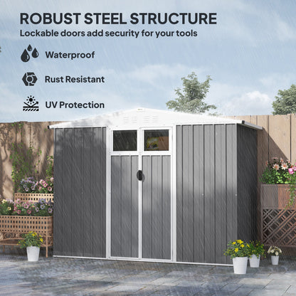 Outsunny 8 x 4 ft Metal Garden Shed, Garden Storage Shed with Window, 4 Vents and Lockable Door, Waterproof Galvanised Steel Tool Storage Shed, Light Grey 