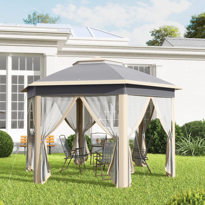 Outsunny Hexagon Pop Up Gazebo Outdoor Patio Gazebo Double Roof Instant Shelter with Netting, 3 x 4m, Khaki 