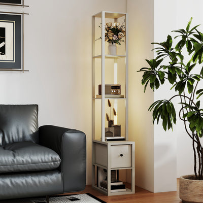 HOMCOM Floor Lamp with Shelves, LED Column Modern Standing Lamp with Fabric Drawer, Adjustable Brightness, Foot Switch for Living Room, Bedroom, Office, Oak 
