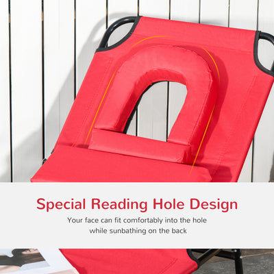 Outsunny Foldable Outdoor Sun Lounger Adjustable Backrest Reclining Chair with Pillow and Reading Hole Garden Beach, Red 