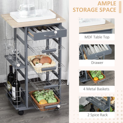 HOMCOM Rolling Kitchen Cart, Utility Storage Cart with 4 Basket Drawers & Side Racks, Wheels for Dining Room, Grey 
