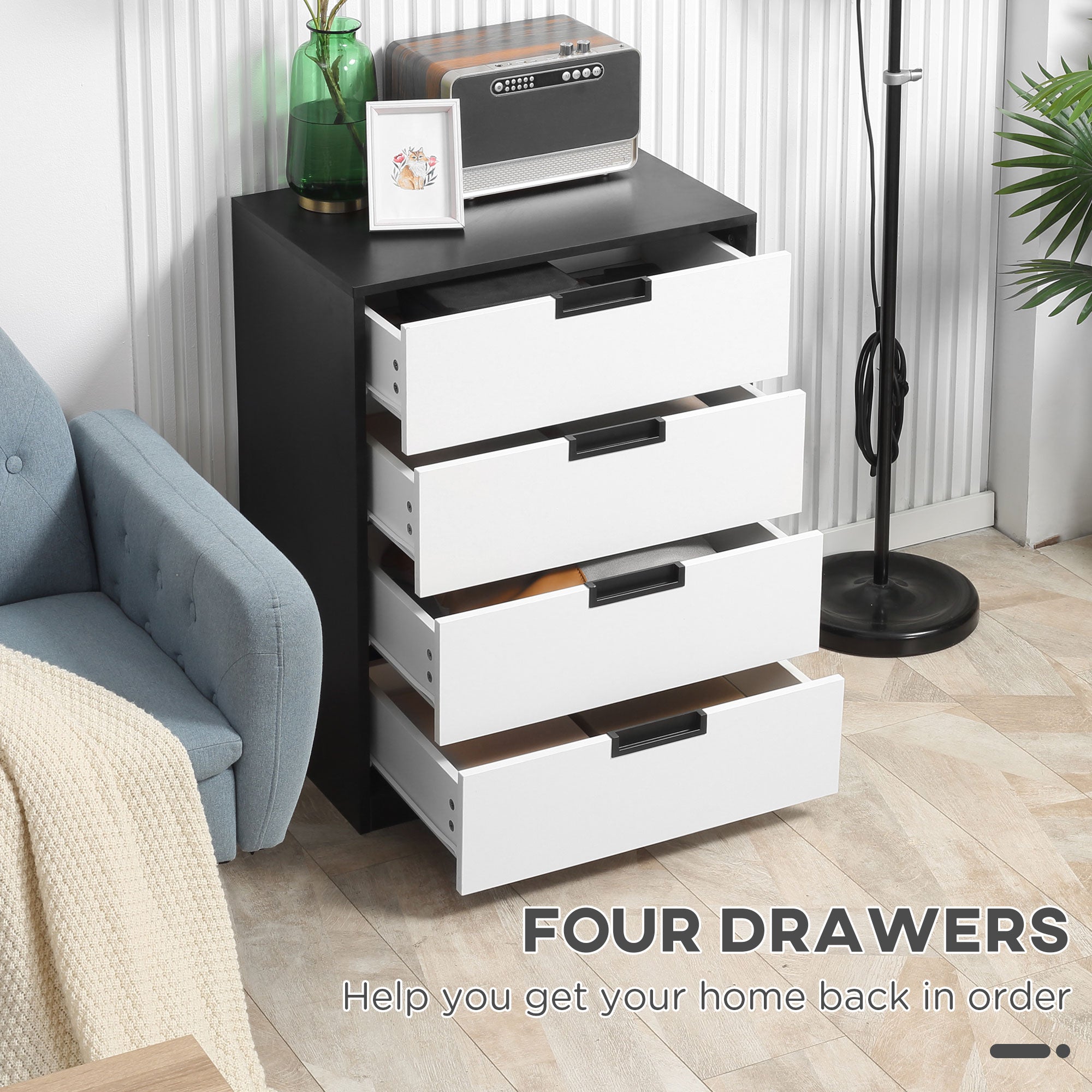 HOMCOM Bedroom Furniture Set, Wardrobe with Hanging Rod, 4 Drawer Chest of Drawers, 2 Bedside Tables with Storage, White and Black