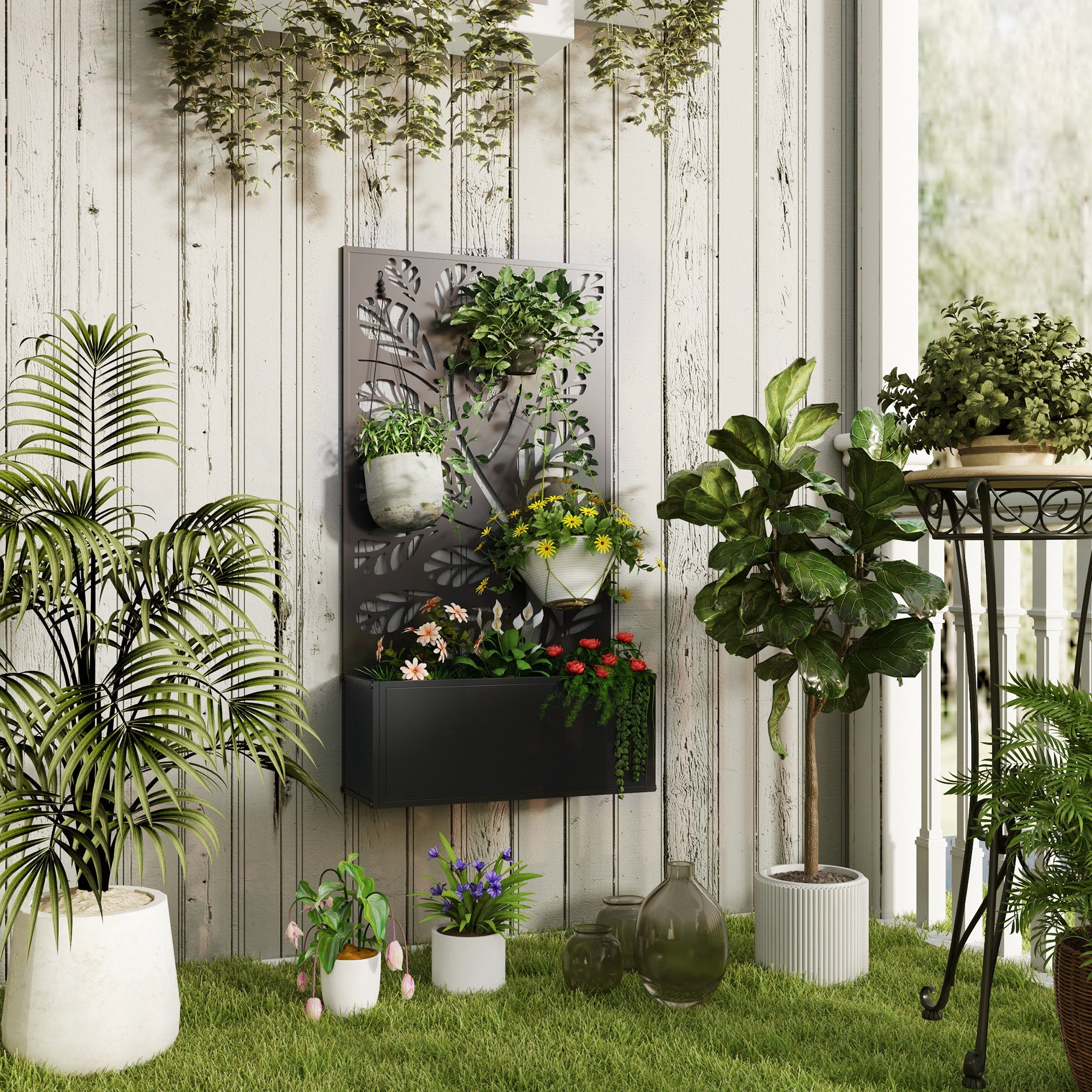 Outsunny Outdoor Metal Planter, with Back Trellis - Black 