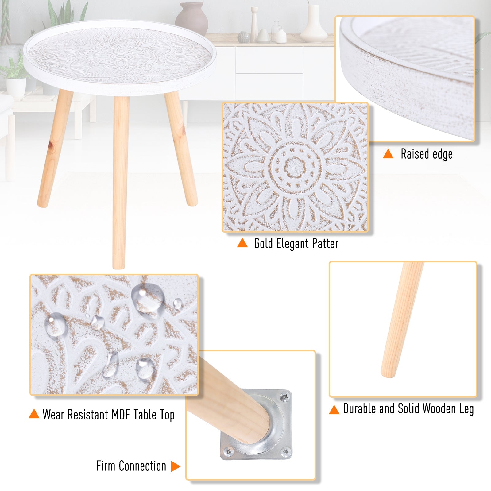 HOMCOM Coffee Table, Carved Floral Round Table with Tray-style Top and Wood Legs, Modern Side Table for Living Room, White 