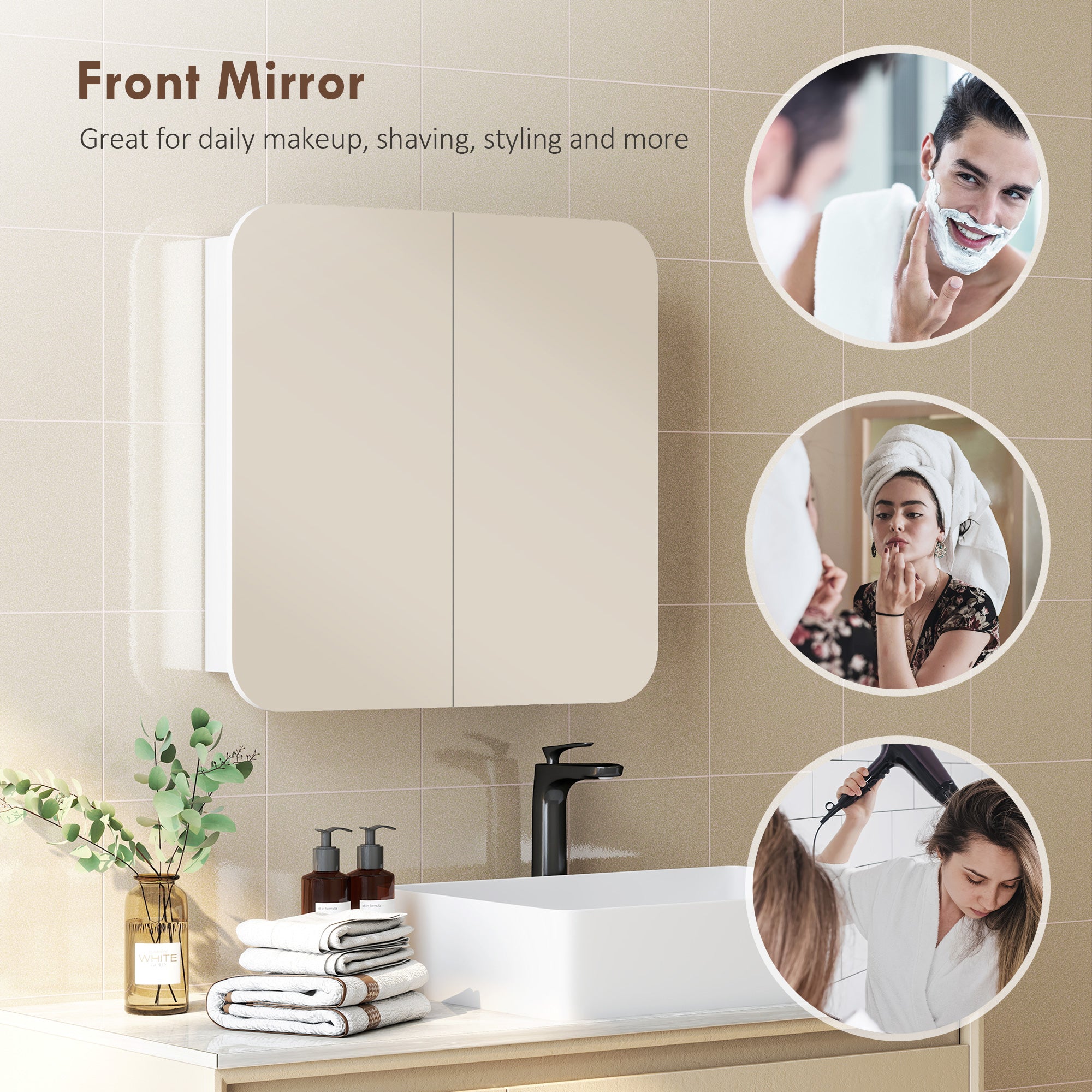 HOMCOM Arched Bathroom Mirror Cabinet with Adjustable Shelves - White