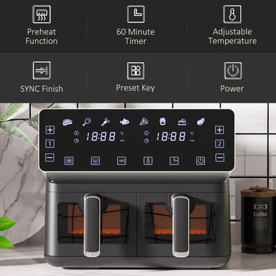 HOMCOM 8L Dual Basket Air Fryer, 8-in-1 Air Fryer Oven with Digital Display, Visible, Timer, Preheat for Oil Free Low Fat Cooking, 2500W, Sync Finish, Sliver 
