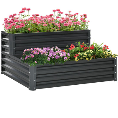 Outsunny 2 Tier Raised Garden Bed, Galvanised Planter Box with Open Bottom for Vegetables Flowers Herbs, 120x101x58cm, Dark Grey 