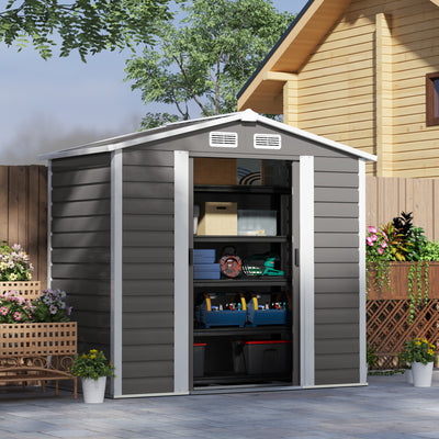 Outsunny 7 x 4ft Garden Shed, Easy to Assemble, Upgraded Galvanised Steel Frame with Foundation Kit, Double Doors with Lock, Outdoor Metal Shed with Vents and Gloves, Garden Storage Shed, Light Grey 