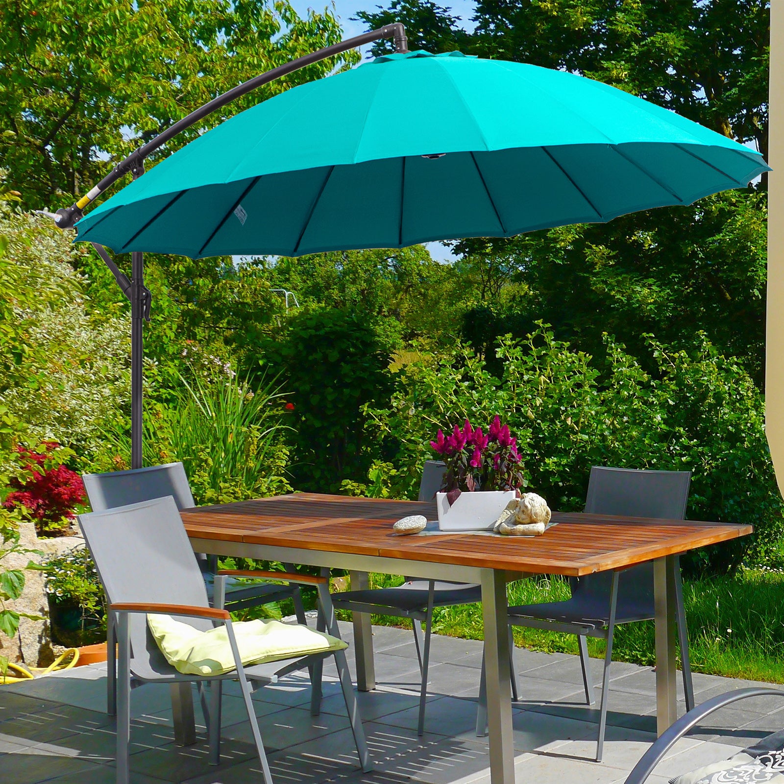 Outsunny 3(m) Cantilever Umbrella 18 Ribs & Vents Adjustable Angle for Patio Green 