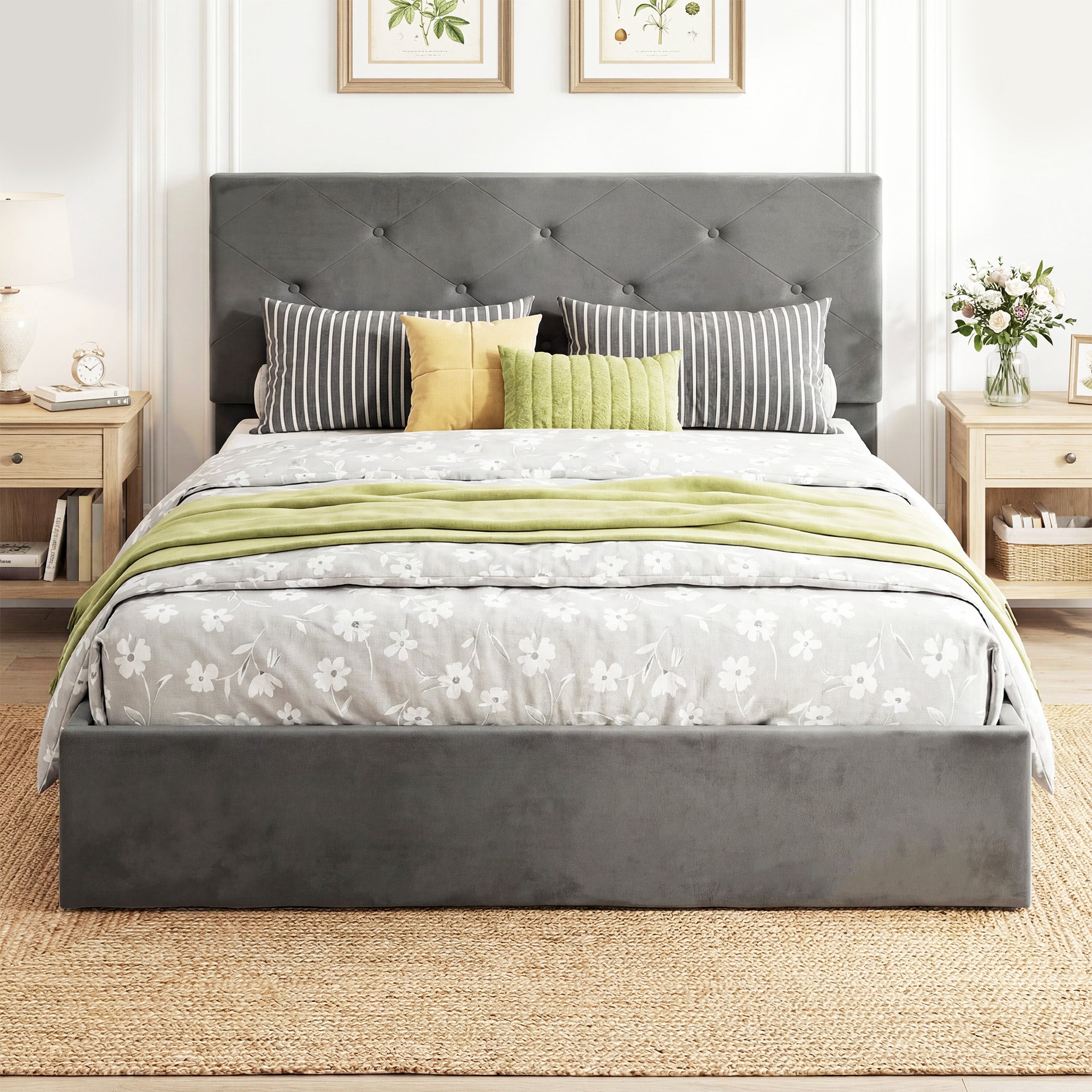 HOMCOM Double Bed Frame Gas Side Lift Under Bed Storage Upholstered Platform Bed Tufted Headboard for 140 x 190 cm Mattress 