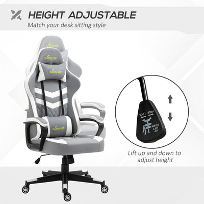 Vinsetto Gaming Chair, Computer Desk Chair with Lumbar Support, Faux Leather Racing Chair with Headrest and Swivel Wheels for Home Office, Grey White 