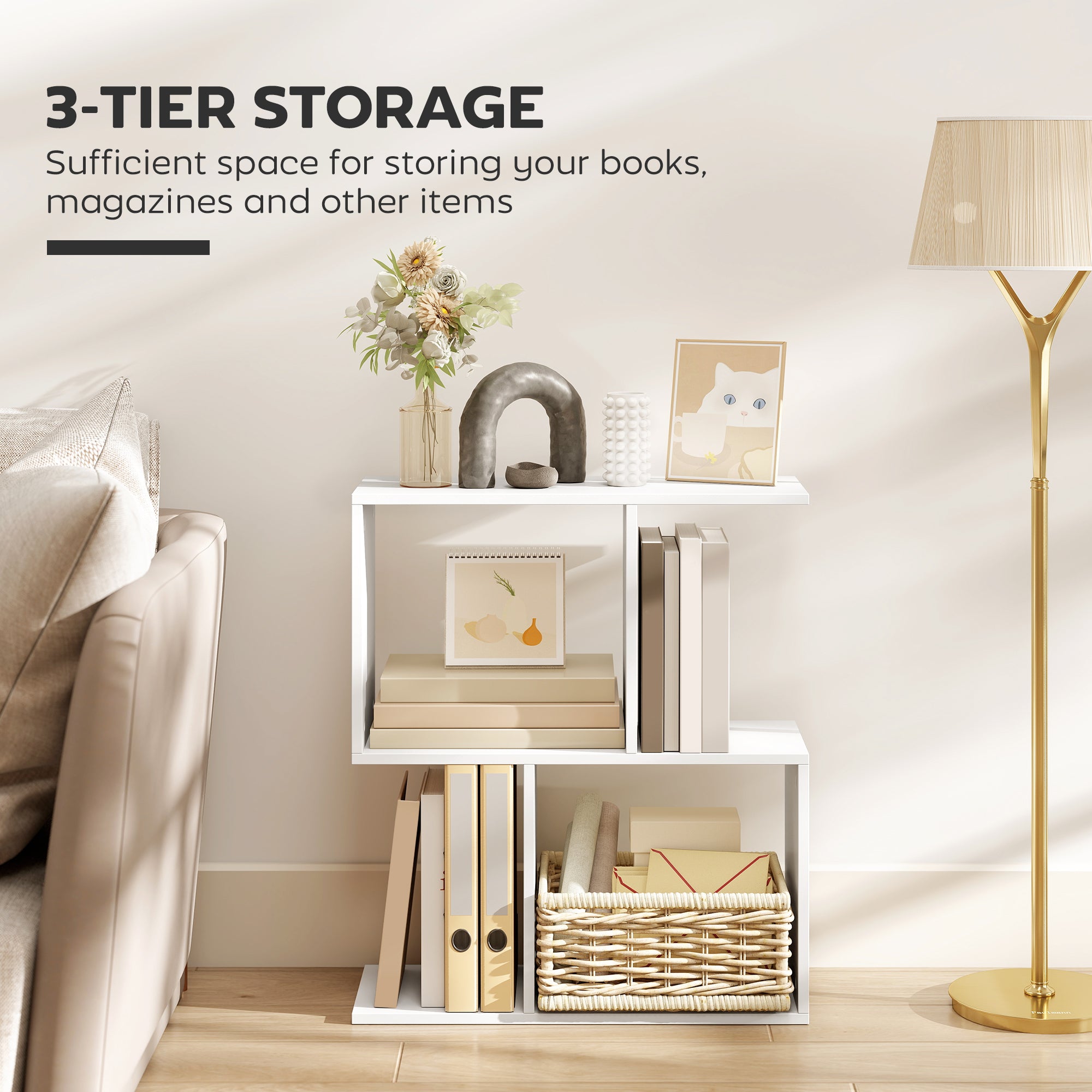 HOMCOM Side Table, Narrow End Table with Storage Shelves, S-Shaped, 3-Tier, 50W x 19.5D x 58H cm, White 