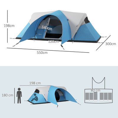 Outsunny 3000mm Waterproof Camping Tent for 5-6 Man, Family Tent with Porch and Sewn in Groundsheet, Portable with Bag, Blue 