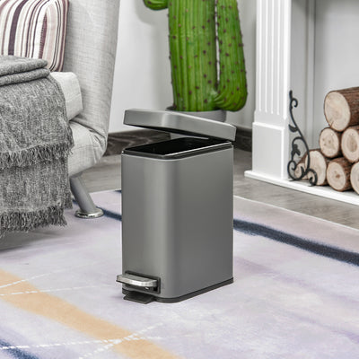 HOMCOM 5L Rectangular Compact Bin Steel Body Removable Bucket Quiet-Close Lid w/ Pedal Lid Rubbish Trash Can Home Office Bedroom Bathroom Living Room Garbage Tidy Clean Grey 
