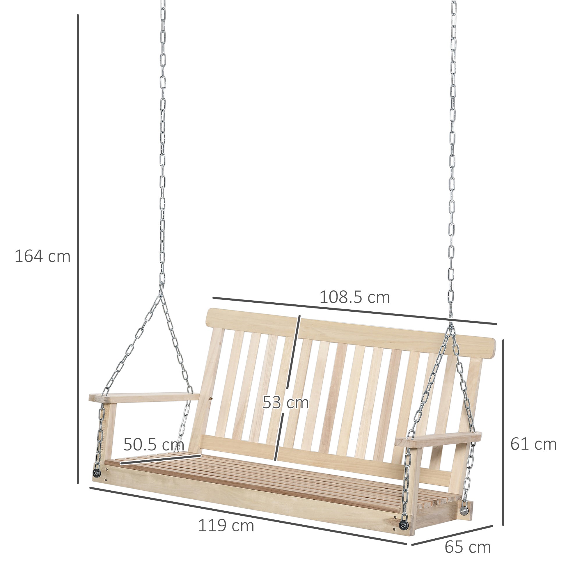 Outsunny Outdoor Wooden Swing Bench 2-Seater Porch Swing Chair Hanging Hammock Garden Furniture, Natural 