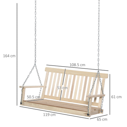 Outsunny Outdoor Wooden Swing Bench 2-Seater Porch Swing Chair Hanging Hammock Garden Furniture, Natural 