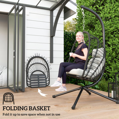 Outsunny Outdoor PE Rattan Swing Chair with Cushion, Garden Foldable Basket Patio Hanging Egg Chair with Metal Stand, Headrest, for Indoor and Outdoor, Black 