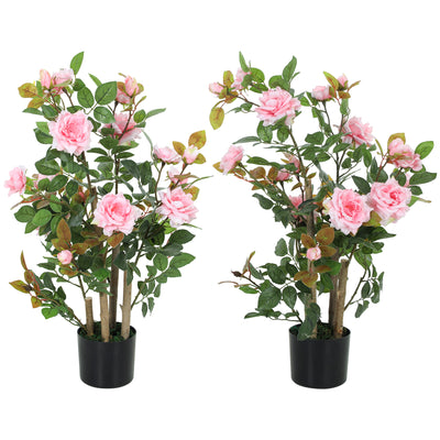 HOMCOM 90cm Artificial Rose Tree Set of 2, Decorative Fake Plant with 344 Silk Leaves 17 Flowers for Outdoor Indoor Decor, Pink 
