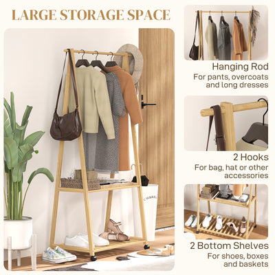 HOMCOM Bamboo Clothes Rack, with Shelves and Hooks - Natural Finish 