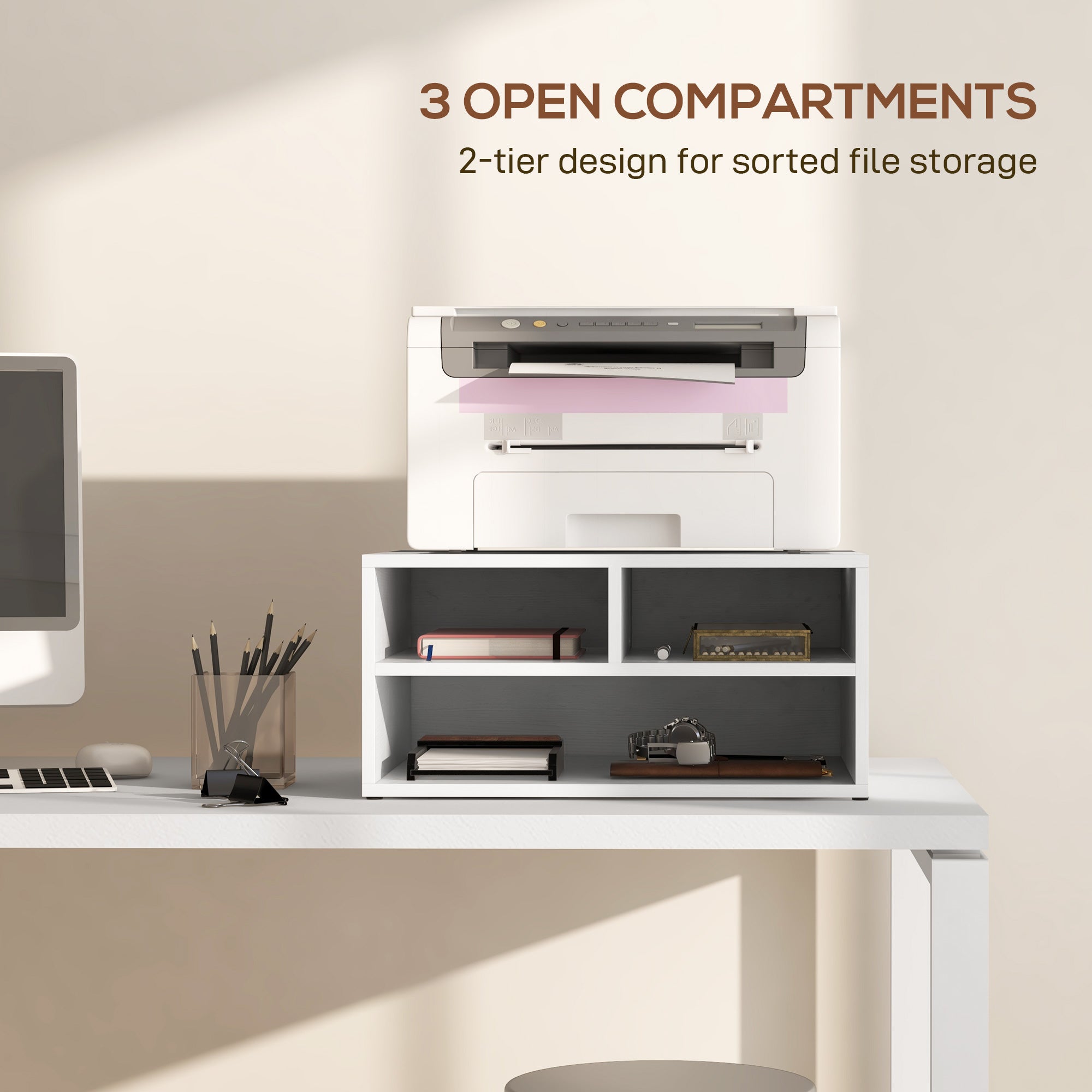HOMCOM Three-Compartment Printer Storage Cabinet - White 