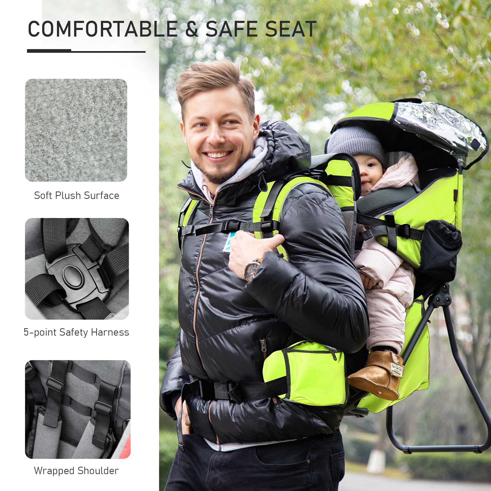 HOMCOM Baby Hiking Backpack Carrier Child Carrier with Ergonomic Hip Seat Detachable Rain Cover Adjustable Straps Stand for Toddler 6 - 36 Months Green 