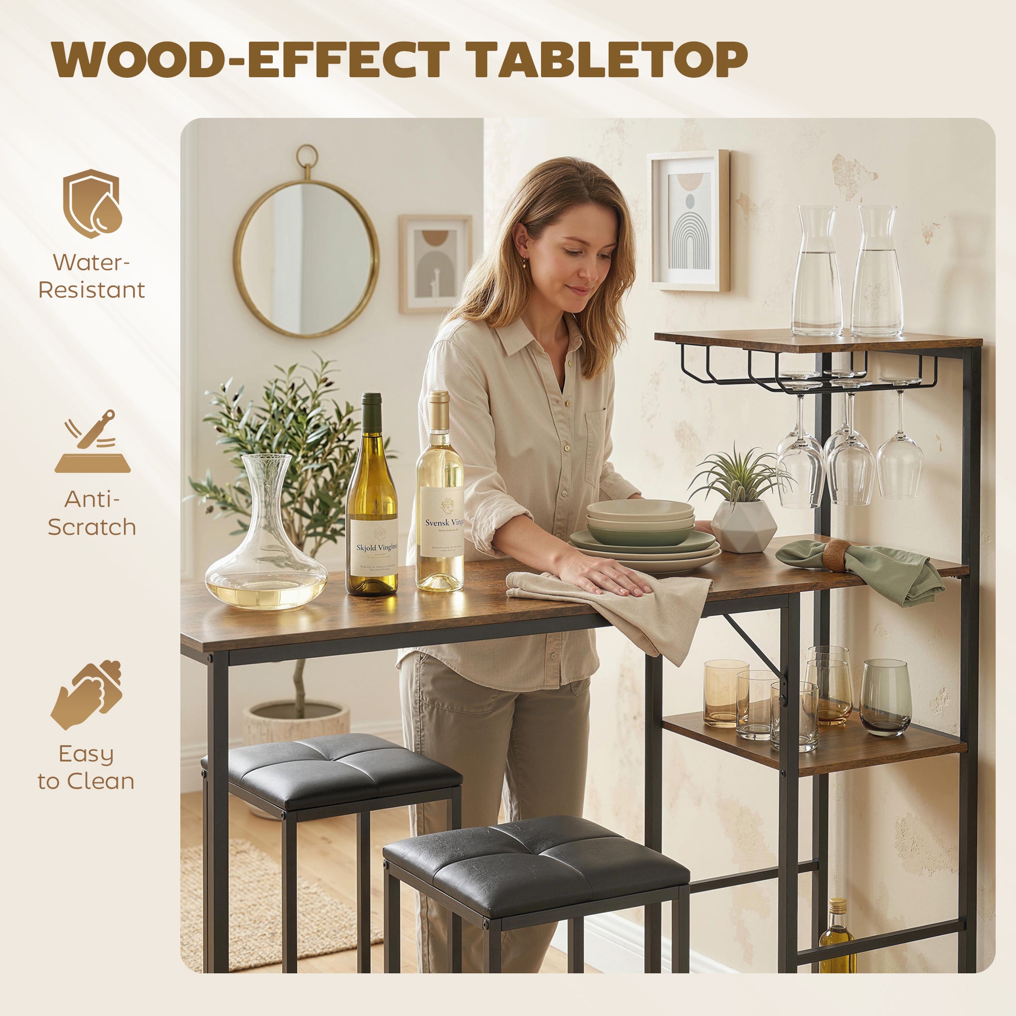 HOMCOM 3 Piece Breakfast Bar Table and Stools Set, Rustic Brown 