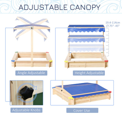 Outsunny Kids Wooden Sand Pit Children Square Sandbox Outdoor Playset Play Station Adjustable Canopy Bench Seat 120x120x120cm 