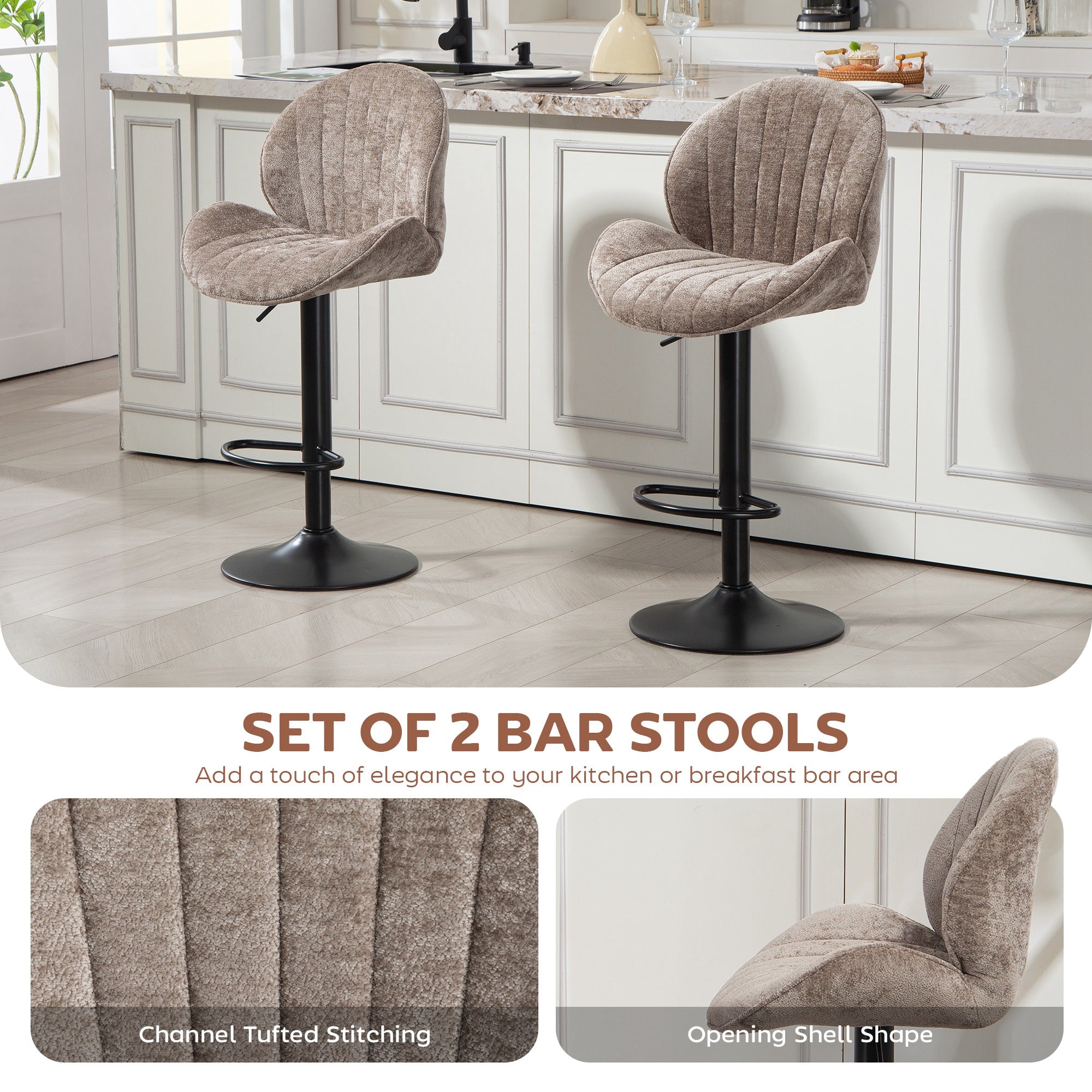 HOMCOM Bar Stools Set of 2, Swivel Barstools with Back, Adjustable Height and Footrest for Kitchen Island, Dining Room, Brown 