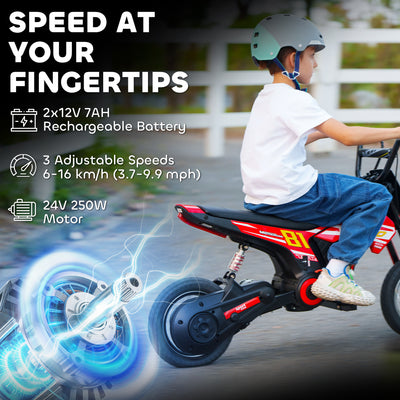 AIYAPLAY Kids Electric Motorbike, 24V Ride On Motorcycle with 3 Speeds and Rear Suspension, Dirt Bike for 8-12 Years Old, Red 