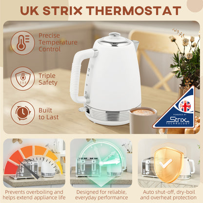HOMCOM Stainless Steel Kettle and Toaster Set, 1.7L 3000W Rapid Boil Jug Kettle with UK Strix Thermostat, Limescale Filter, 4 Slice Toaster with 7 Browning Controls, Crumb Tray, White and Silver Tone