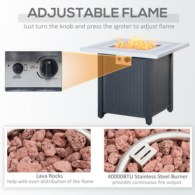 Outsunny Square Propane Gas Fire Pit Table, 40000 BTU Rattan Smokeless Firepit Patio Heater with Lava Rocks and Lid, 71cm x 71cm x 62cm, Black 