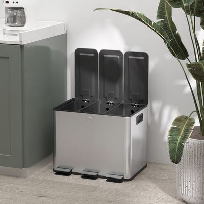 HOMCOM 3 x 20L Pedal Bin, Steel Triple Kitchen Bin with Soft Close Lid, Removable Inner Buckets, Fingerprint-Proof, Silver Tone 