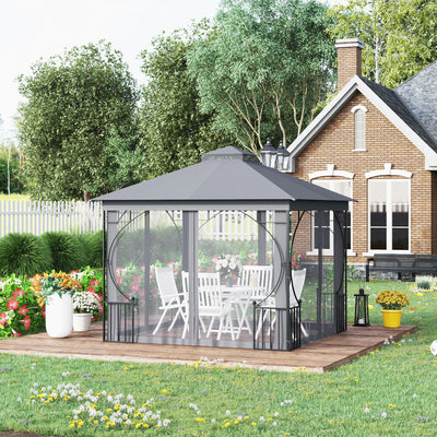 Outsunny 3 x 3(m) Garden Gazebo Patio Party Tent Shelter Outdoor Canopy Double Tier Sun Shade Metal Frame Netting, Light Grey 