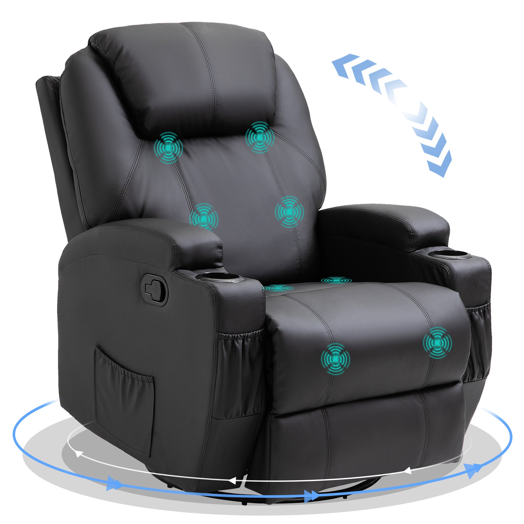 HOMCOM Recliner Armchair, Rocking Massage Swivel PU Leather Manual Reclining Chair with Adjustable Leg Rest, Drink Holders, Side Pocket, for Home Living Room Theater, Black