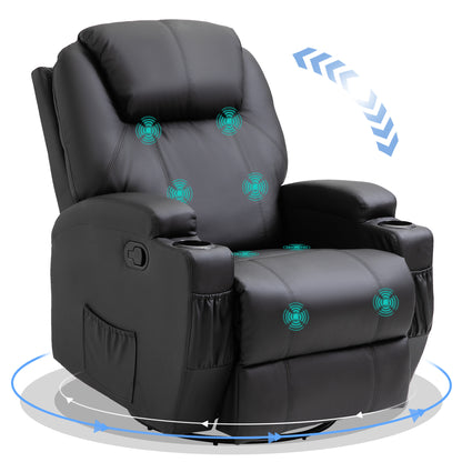 HOMCOM Recliner Armchair, Rocking Massage Swivel PU Leather Manual Reclining Chair with Adjustable Leg Rest, Drink Holders, Side Pocket, for Home Living Room Theater, Black