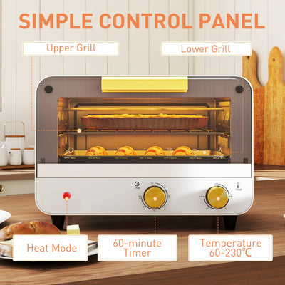 HOMCOM Small Toaster Oven, 12L Multifunction Mini Countertop Oven with Glass Door, Adjustable Temperature and Timer, Accessory Included, 750W, White 