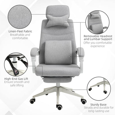 Vinsetto Office Chair, Ergonomic Desk Chair, High Back Fabric Work Chair with 160\'c2\'b0 Reclining Backrest, Retractable Footrest, Neck and Lumbar Pillow for Home and Study, Grey 