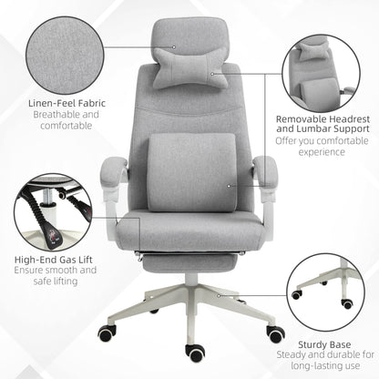 Vinsetto Office Chair, Ergonomic Desk Chair, High Back Fabric Work Chair with 160\'c2\'b0 Reclining Backrest, Retractable Footrest, Neck and Lumbar Pillow for Home and Study, Grey